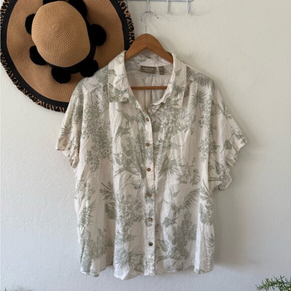 🌿 Naturals D&Co Linen Blend Botanical Print Button Down Top Ruffle Sleeve 1X 🌿 - Picture 3 of 10